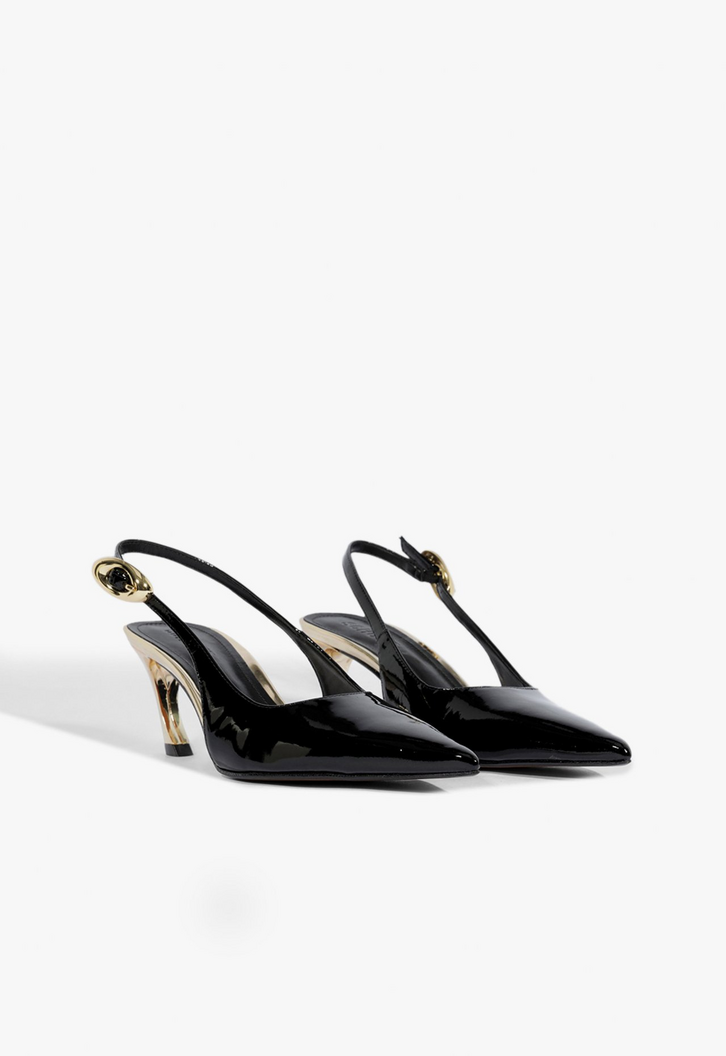 Sapato Scarpin Slingback Salto Médio Verniz Couro Preto