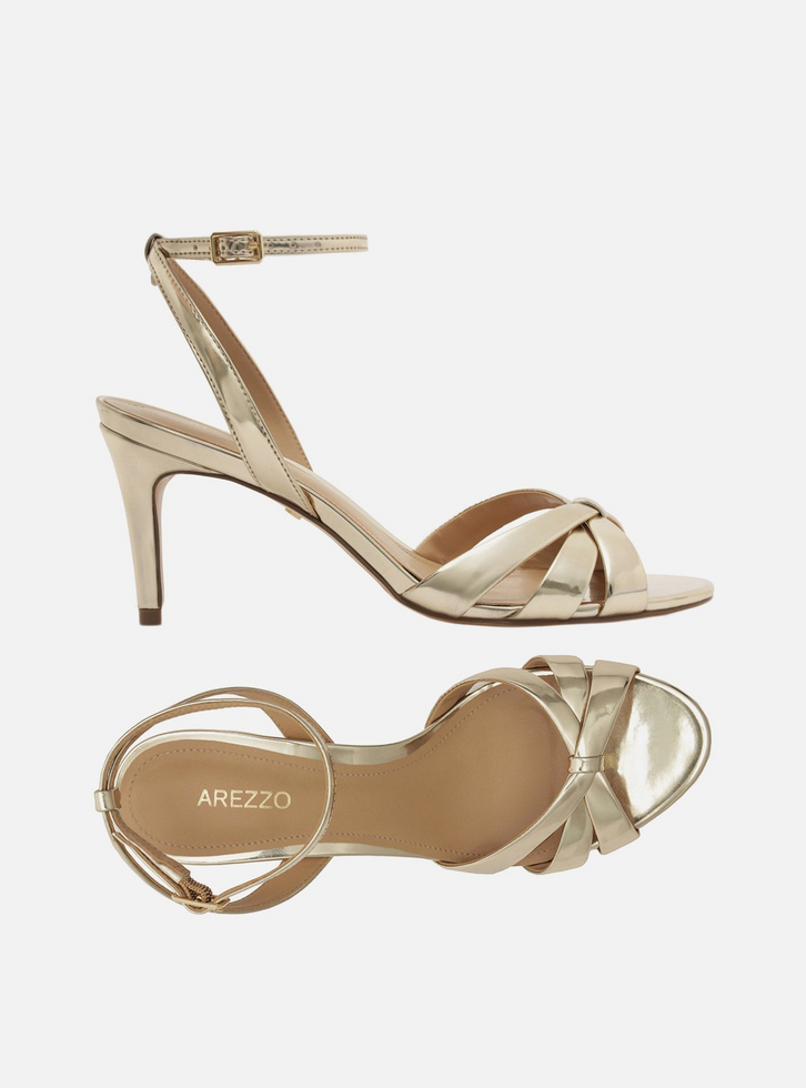 Sandália Dourada Salto Médio Tiras Finas