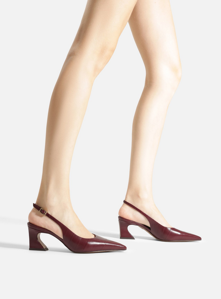 Scarpin Bordô Couro Salto Médio Geométrico Slingback