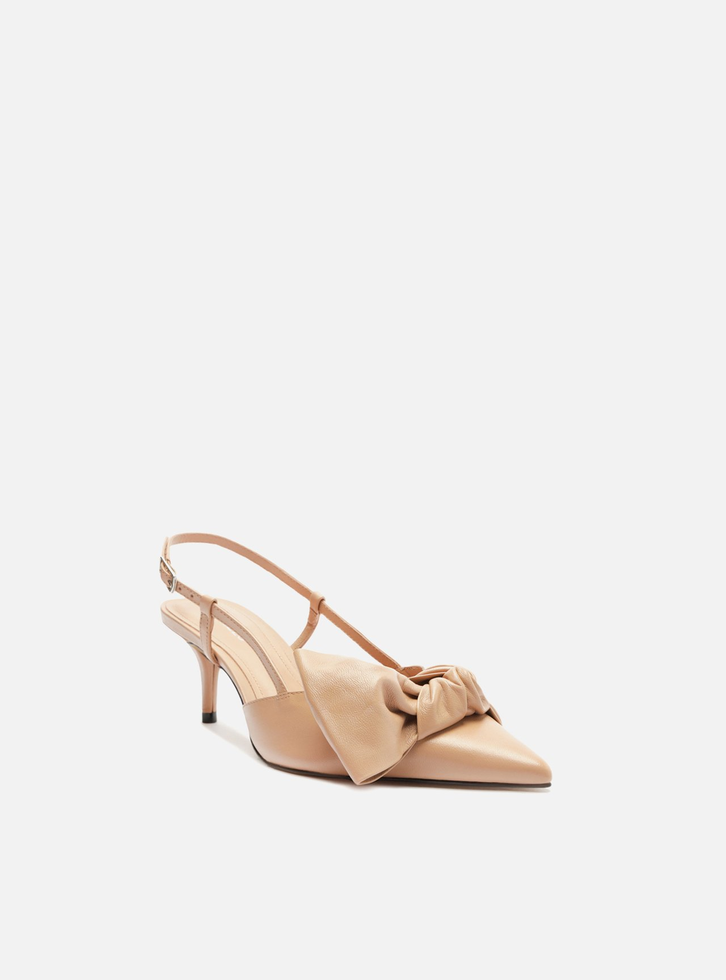 Scarpin Nude Arezzo Couro Salto Fino Maxi Laço Slingback