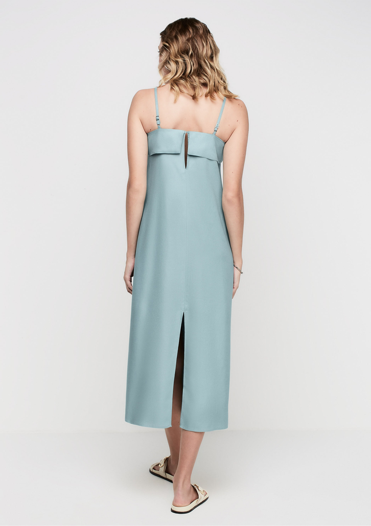 Vestido Midi Azul DZARM Reto Em Viscose Sarjada