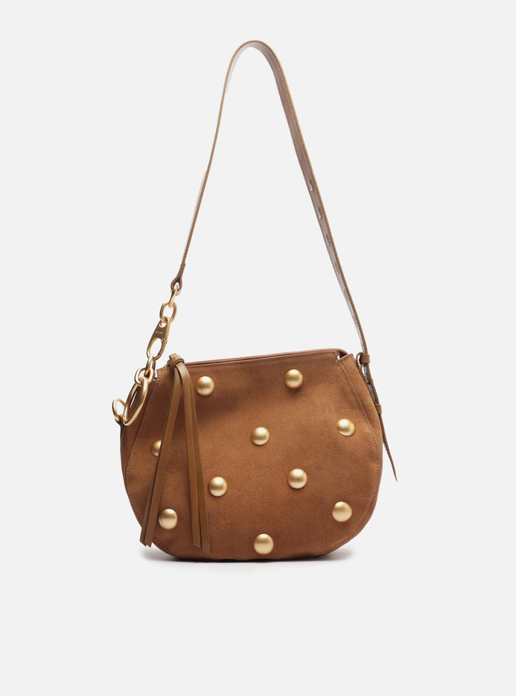Bolsa Tiracolo Marrom Suede Média Tachas | ZZ MALL