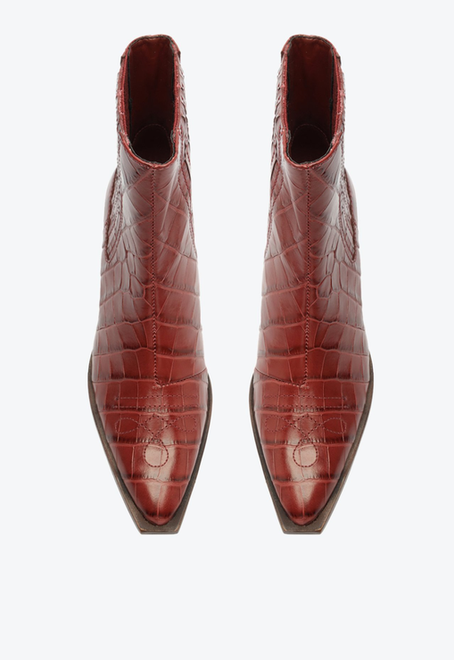 Bota Western Briani Salto Bloco Baixo Couro Croco Marrom