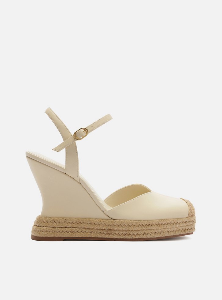 Sandália Anabela Espadrille Off White Plataforma Fivela Tressê Slingback