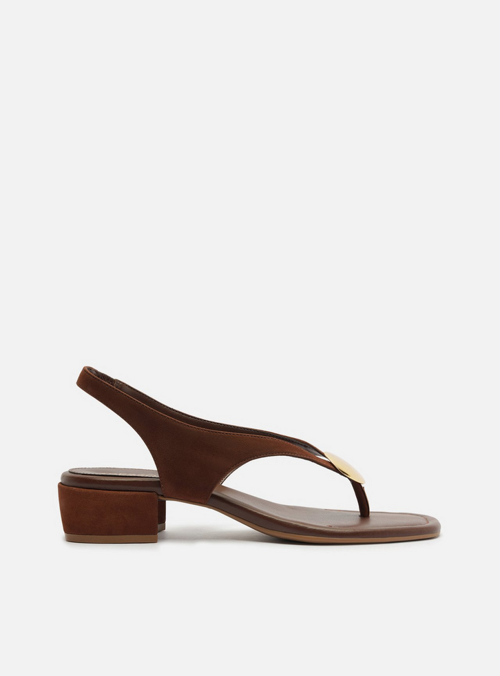 Sandália Marrom Acamurçada Salto Bloco Metal