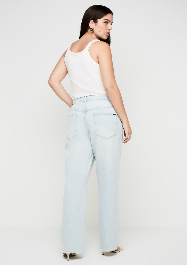 Calça Jeans Azul DZARM Reta Cintura Alta Com Brilhos