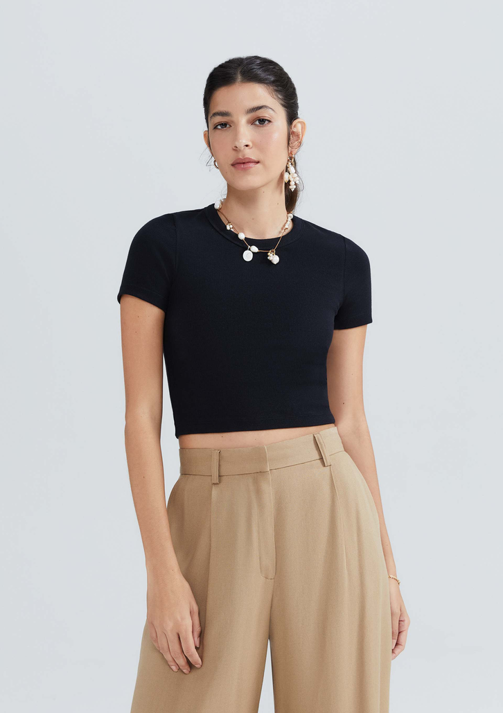 Blusa Cropped Preta Hering Básica Em Ribana Canelada