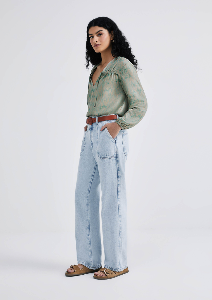 Calça Jeans Azul Claro Hering Feminina Wide Leg Cintura Alta