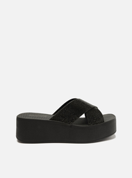 Sandália Preta Flatform Tiras Strass Lulu