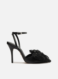 Scarpin Preto Arezzo Couro Salto Alto Laço Paetês