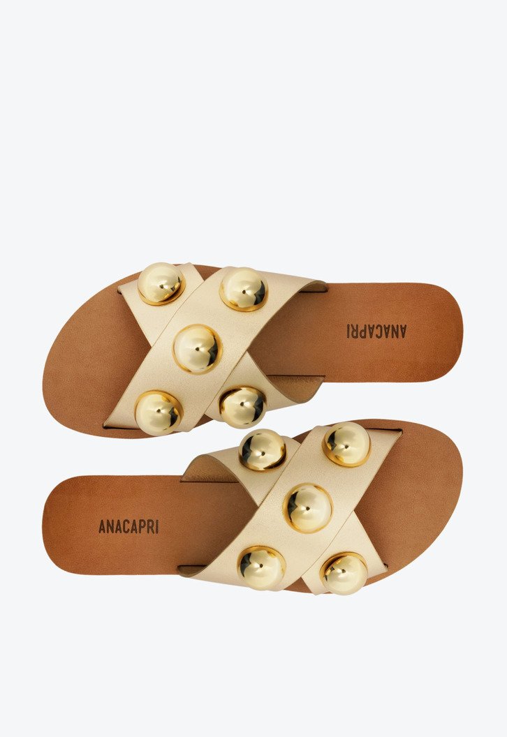 Rasteira Tiras Cruzadas Couro Adorno Dourada