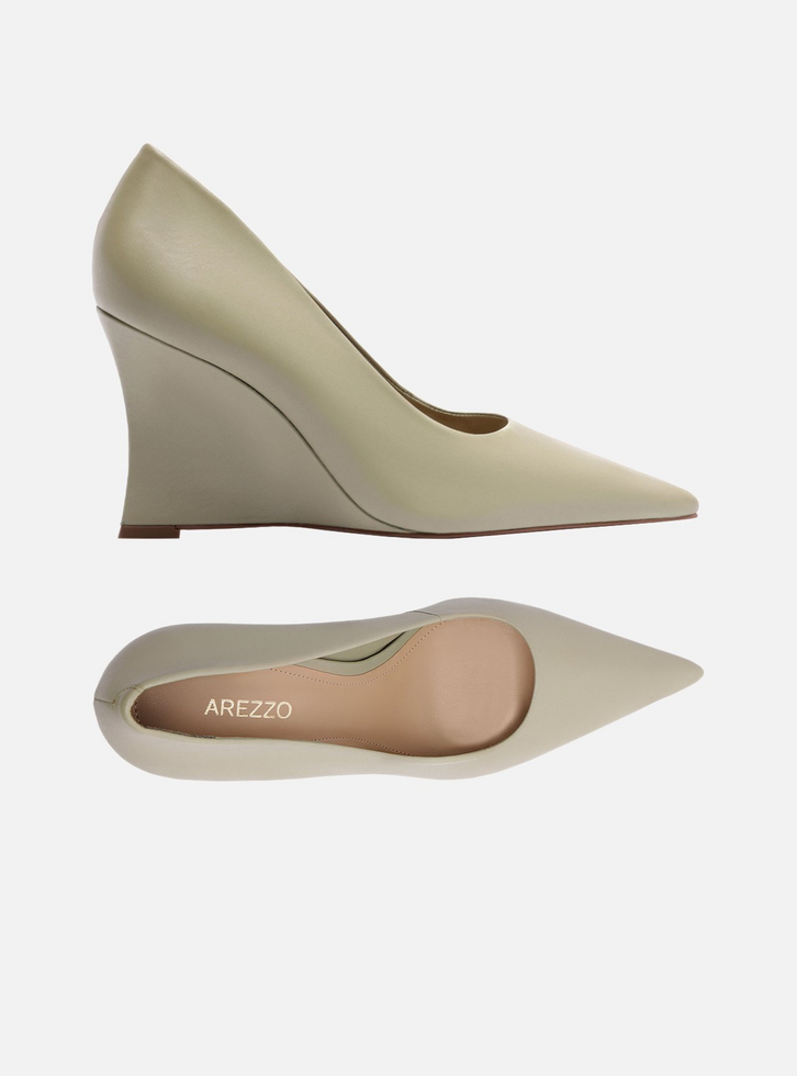 Scarpin Verde Oliva Couro Salto Anabela Bico Fino