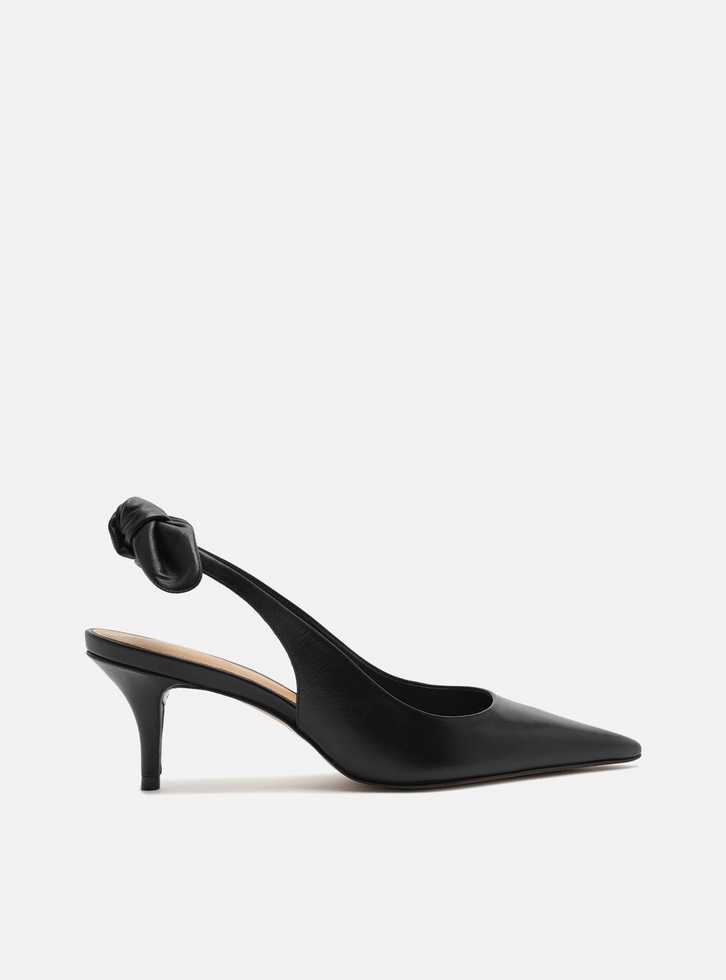 Scarpin Preto Couro Slingback Salto Fino Laço