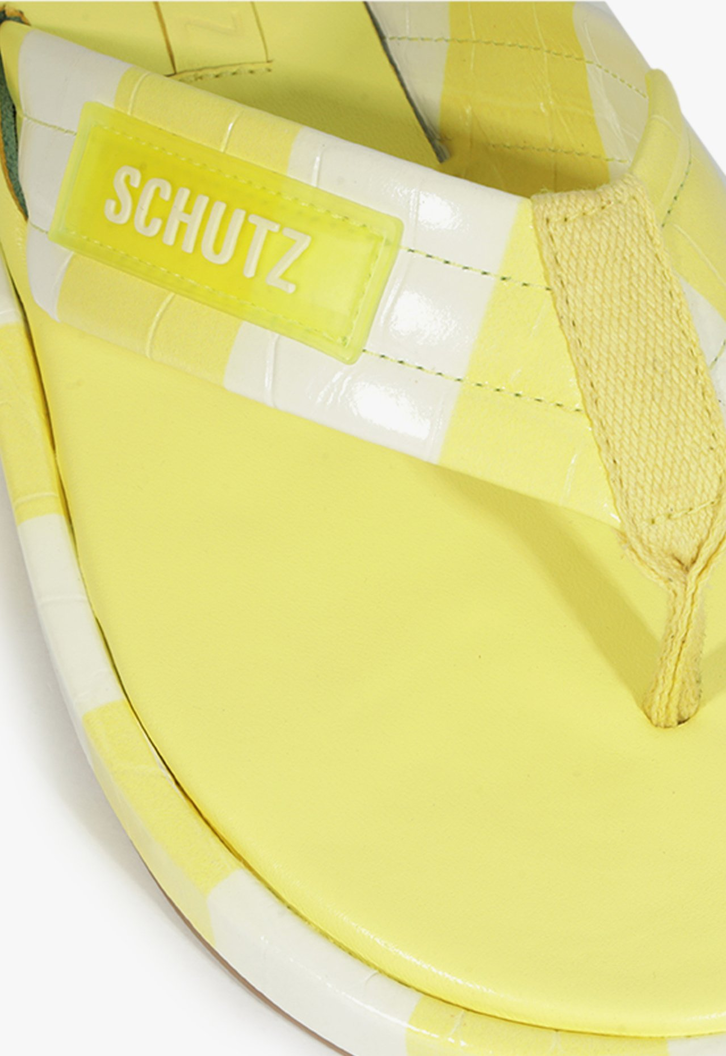 Chinelo Couro Croco Listras Amarelo Neon