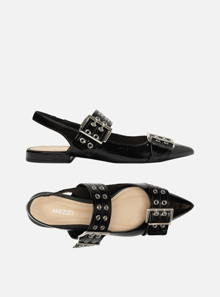 Sapatilha Preta Verniz Fivelas Slingback