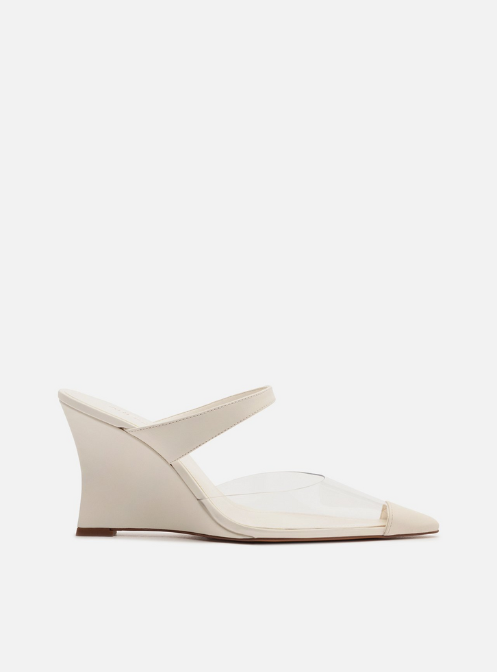 Mule Branca Couro Vinil Salto Alto Anabela