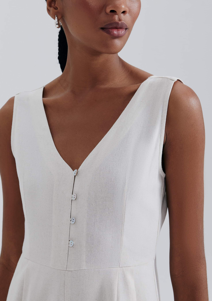 Macacão Longo Bege Hering Wide Leg Com Linho