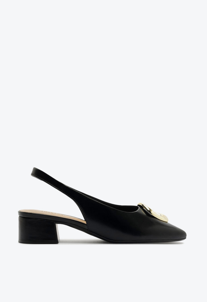 Scarpin Slingback Salto Bloco Aplique Metal Preto