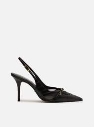 Scarpin Preto Croco Salto Alto Slingback Tela