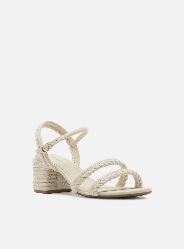 Sandália Off-White Salto Médio Cordão Bicolor