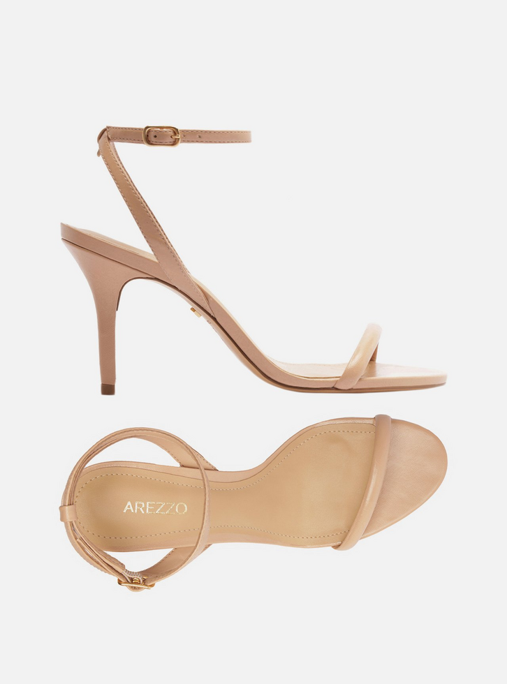 Sandália Bege Couro Salto Fino Tiras Minimal