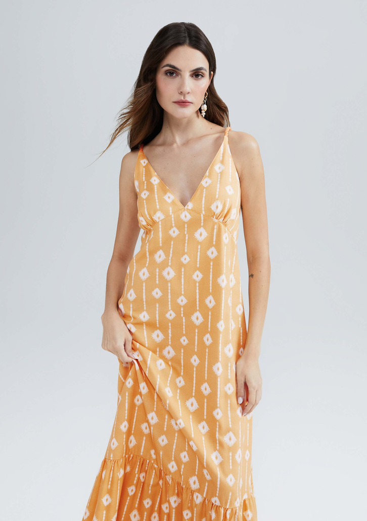 Vestido Laranja Hering Longo Estampado Com Franzidos
