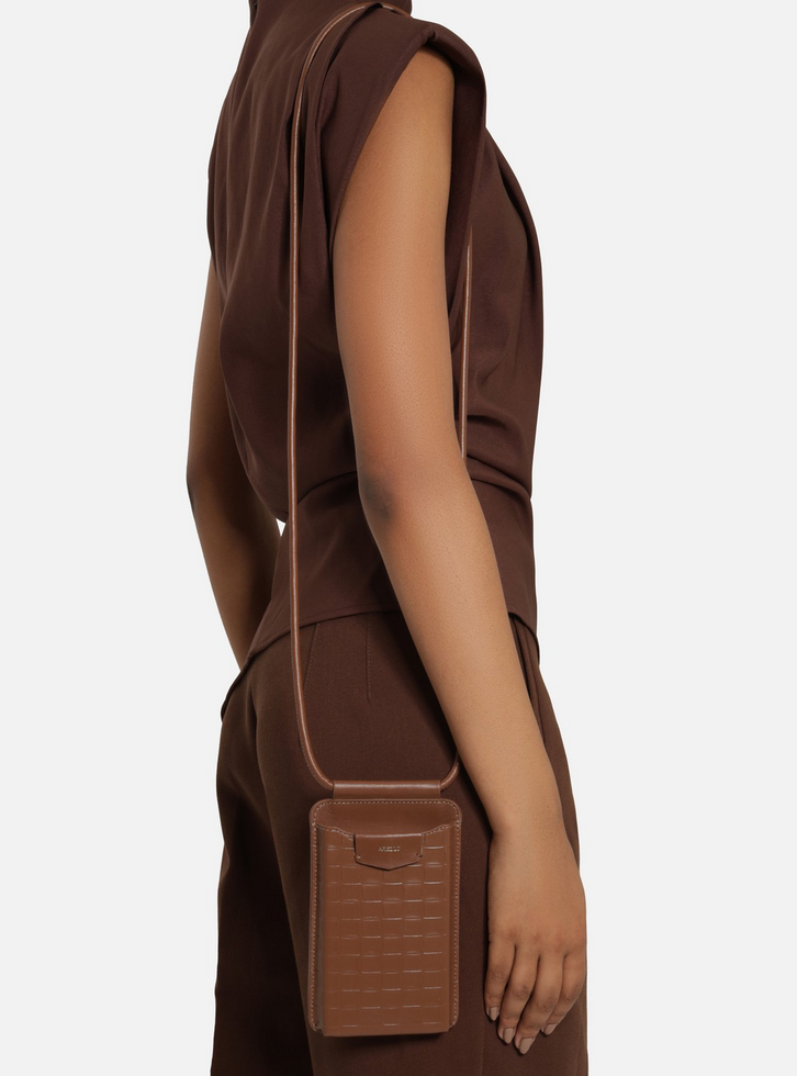 Bolsa Porta Celular Marrom Couro Pequena Tressê