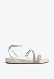 Sandália Rasteira Prata Arezzo Tiras Strass Fivela