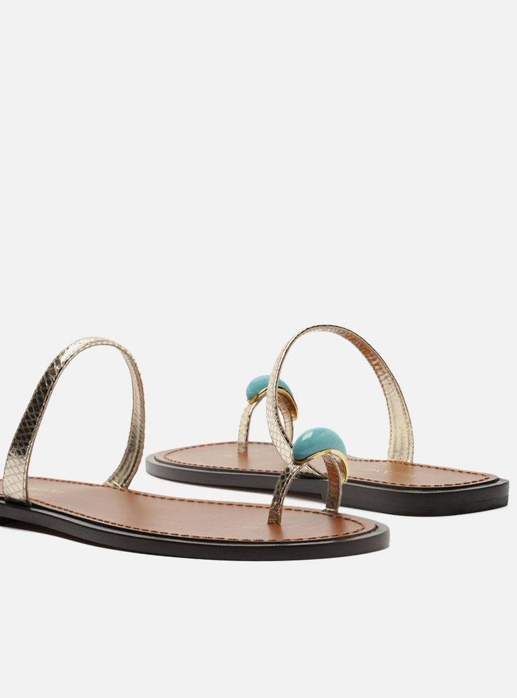 Rasteira Dourada Couro Snake Flat Tiras Pedra