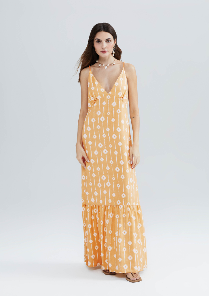 Vestido Laranja Hering Longo Estampado Com Franzidos