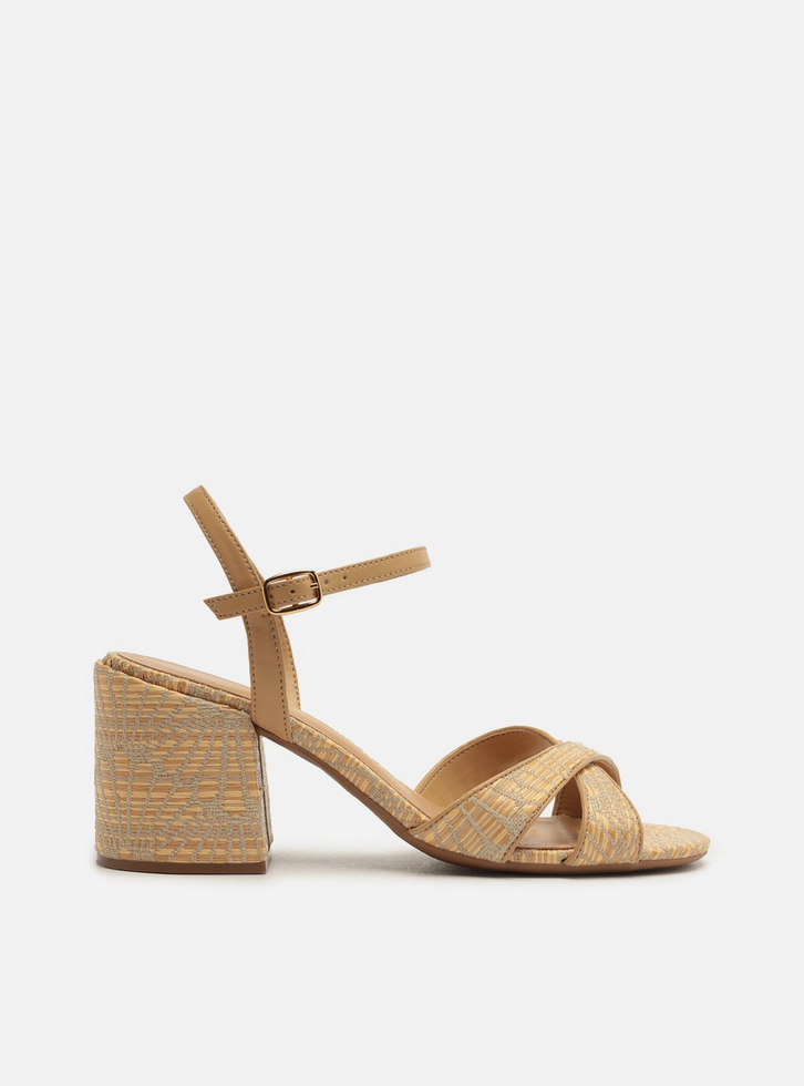 Sandália Bege Trama Tropical Salto Bloco Tiras