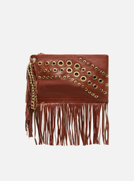 Clutch Laranja Couro Média Franjas Ilhoses