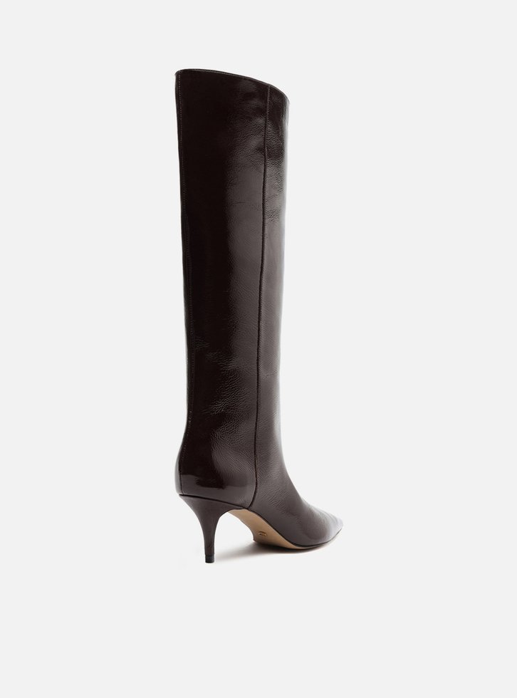 Bota Marrom Couro Cano Longo Salto Kitten