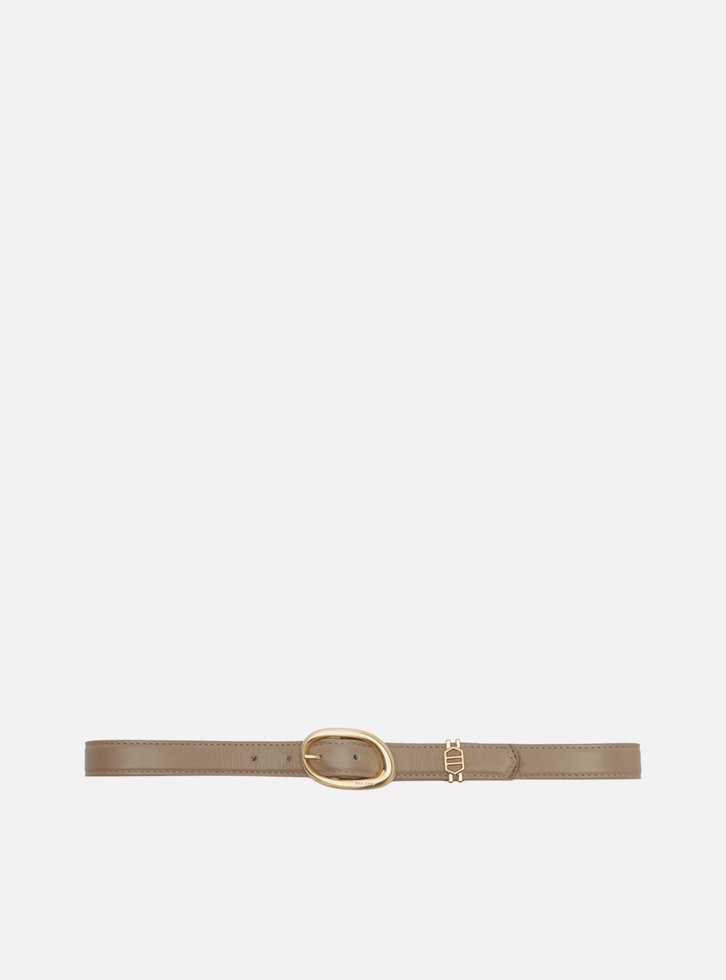 Cinto Cinza Couro Fivela Oval Dourado