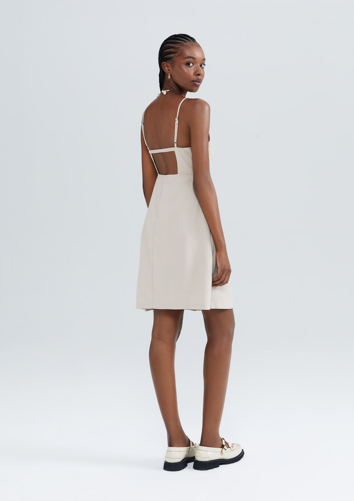 Vestido Bege Hering Curto Acinturado Com Linho
