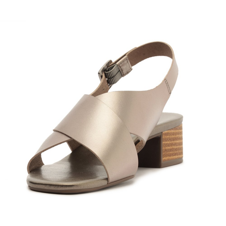Sandália Salto Bloco Tiras Cruzadas Couro Prateada