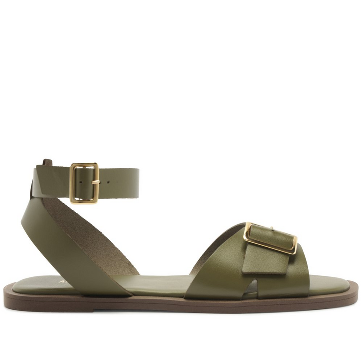 Sandália Rasteira Fivela Couro Verde