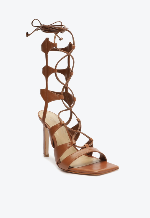 Sandália Gladiadora Salto Alto Cassia Couro Marrom