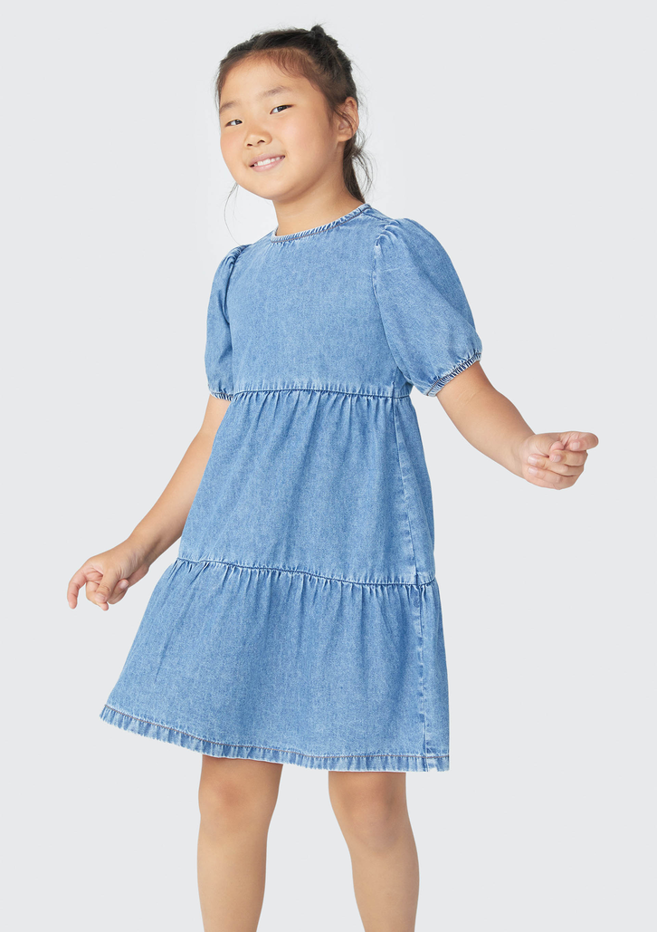 Vestido Azul Hering Jeans Infantil Com Manga Bufante
