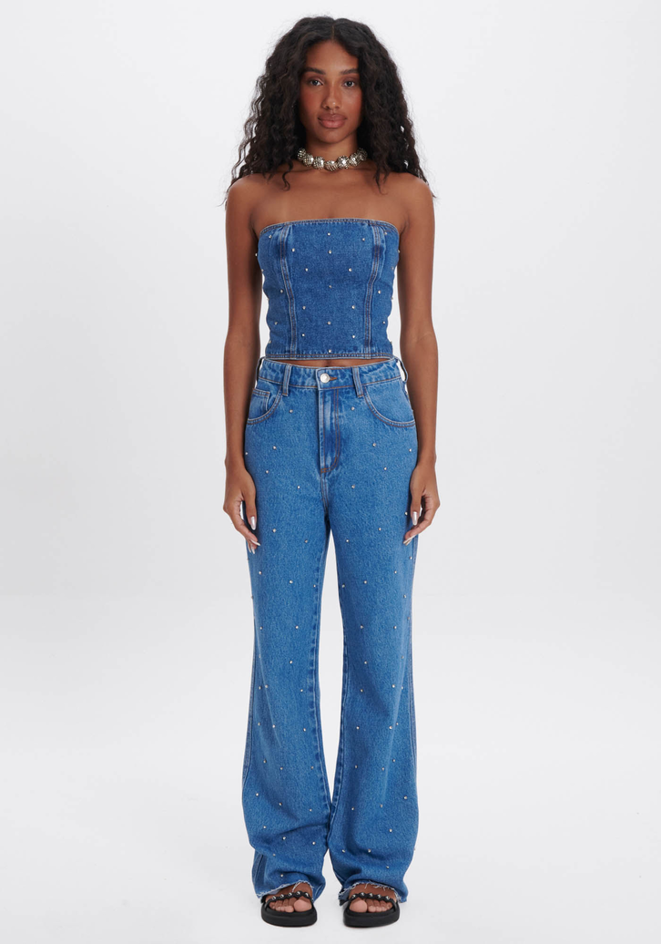 Calças jeans bordadas com strass online