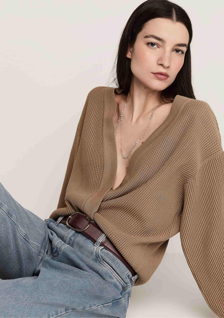 Cardigan Bege Dzarm Tricô com Manga Bufante