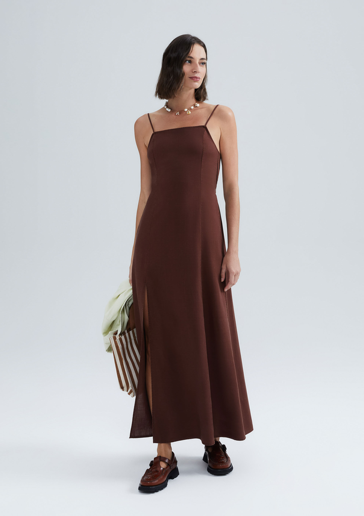 Vestido Marrom Hering Longo Evasê Com Fenda Eco