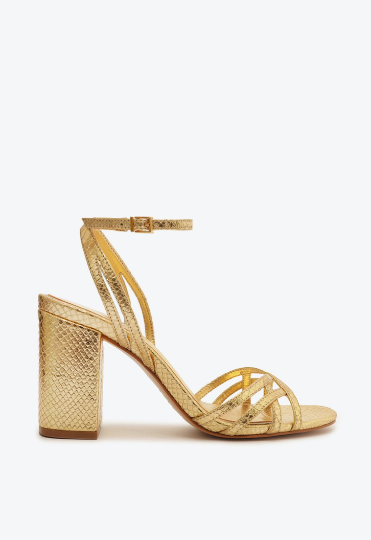 Sandália Salto Bloco Médio Couro Dourada