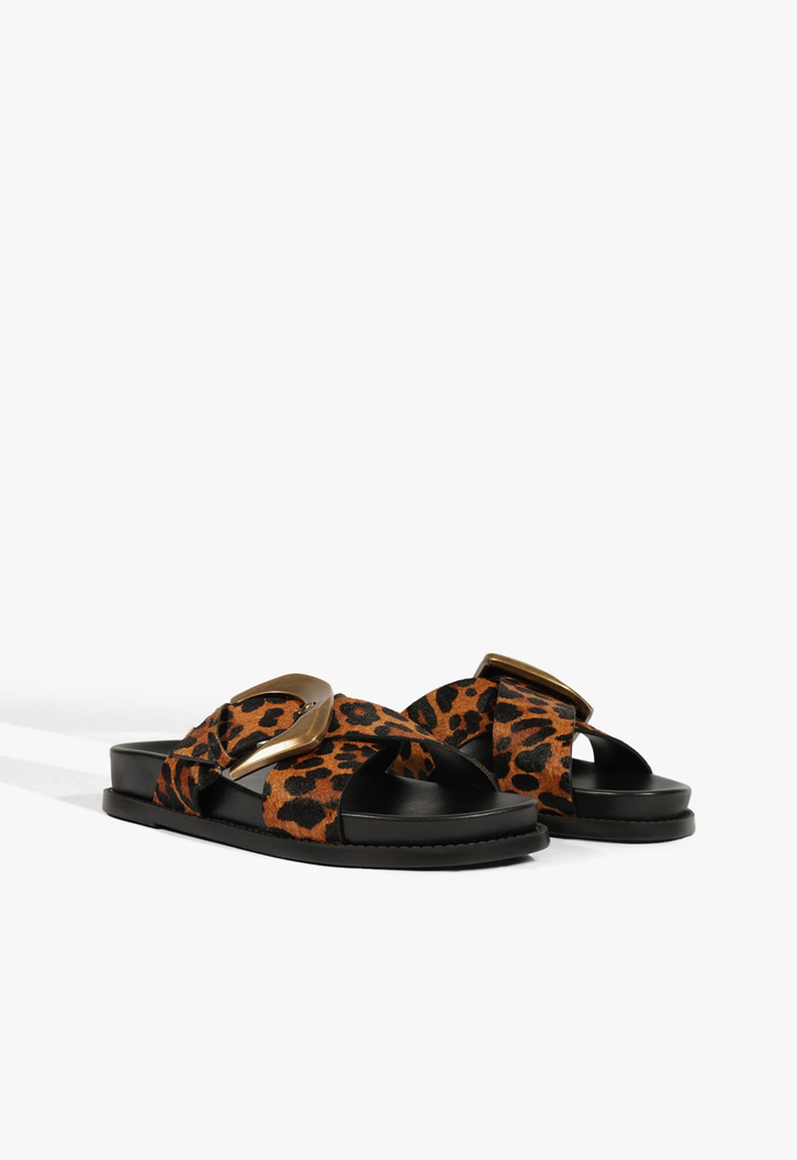 Sandália Papete Couro Fivela Animal Print Marrom