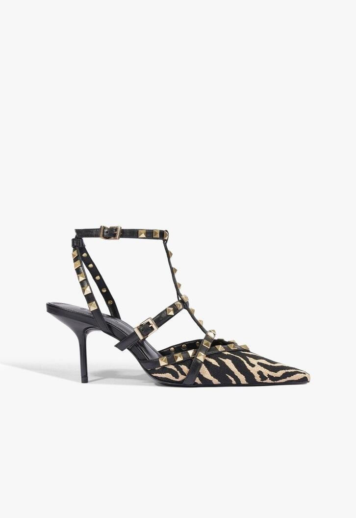 Scarpin Salto Médio Fino Tachas Ráfia Animal Print