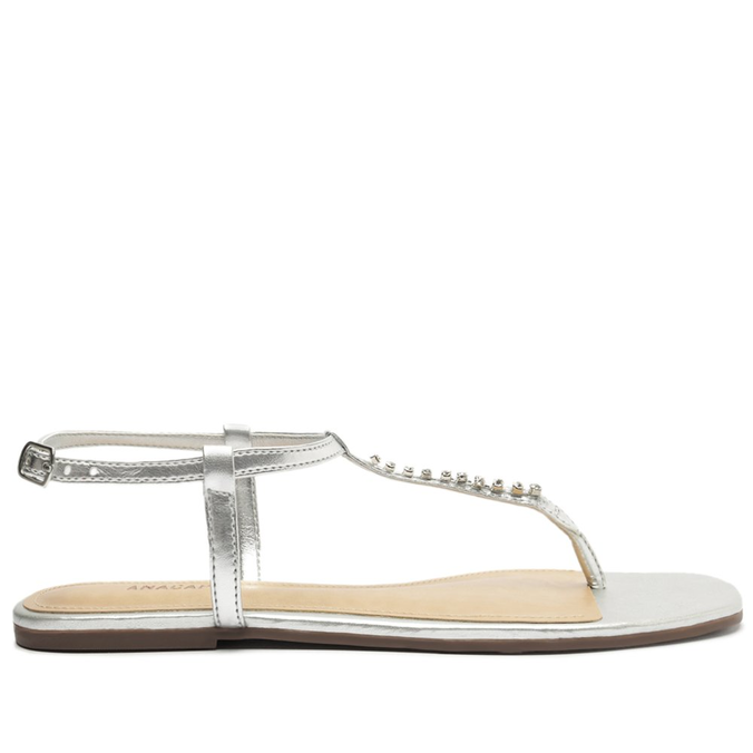 Sandália Rasteira Prata Slim Strass