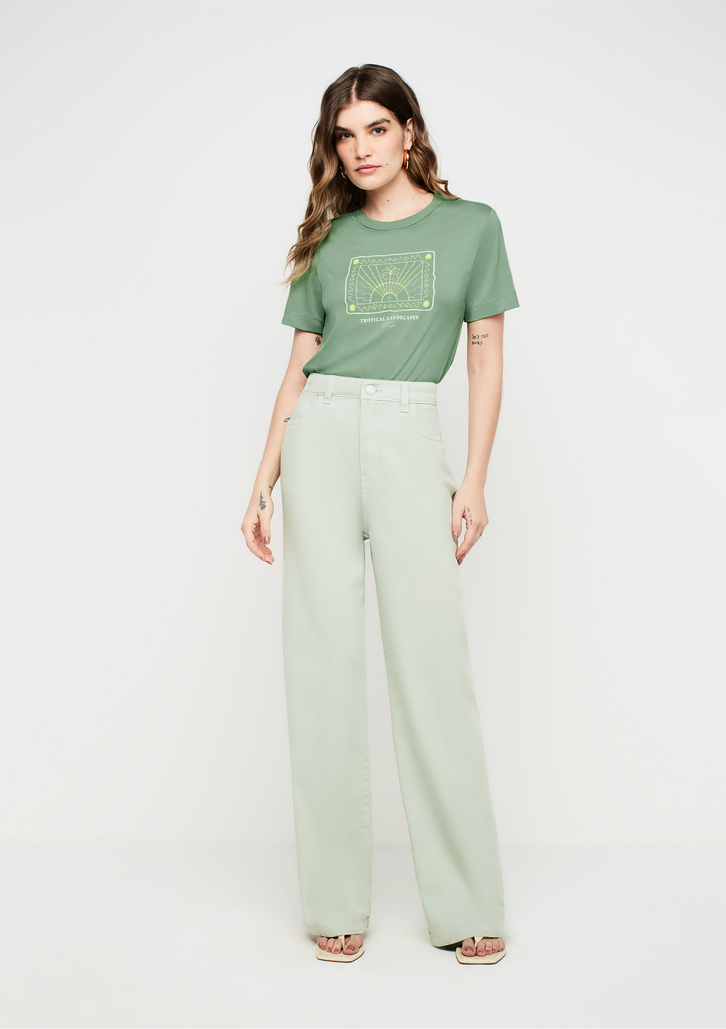 Calça Wide Leg Verde Dzarm Slim Cintura Alta Em Sarja Com Viscose