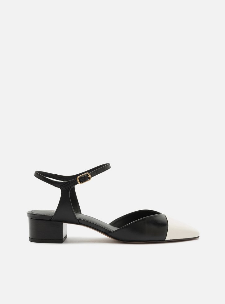 Scarpin Preto Salto Bloco Fivela Slingback