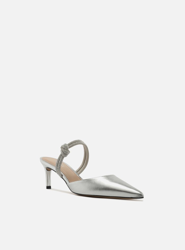 Scarpin Prata Couro Aberto Tiras Strass