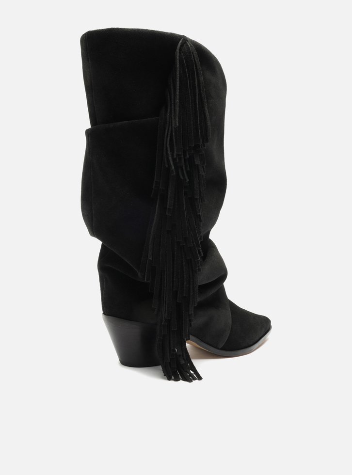 Bota Preta Suede Cano Alto Bloco Franjas